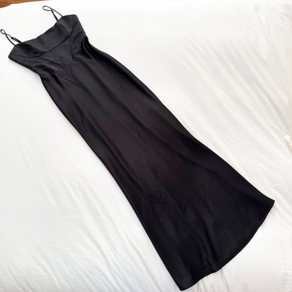 Meshki Black Corset Satin Maxi Dress Spaghetti Strap Formal Gown Size M - Picture 2 of 7